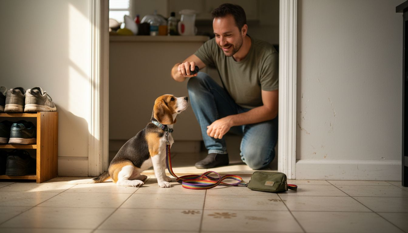 Man using clicker tool to train puppy