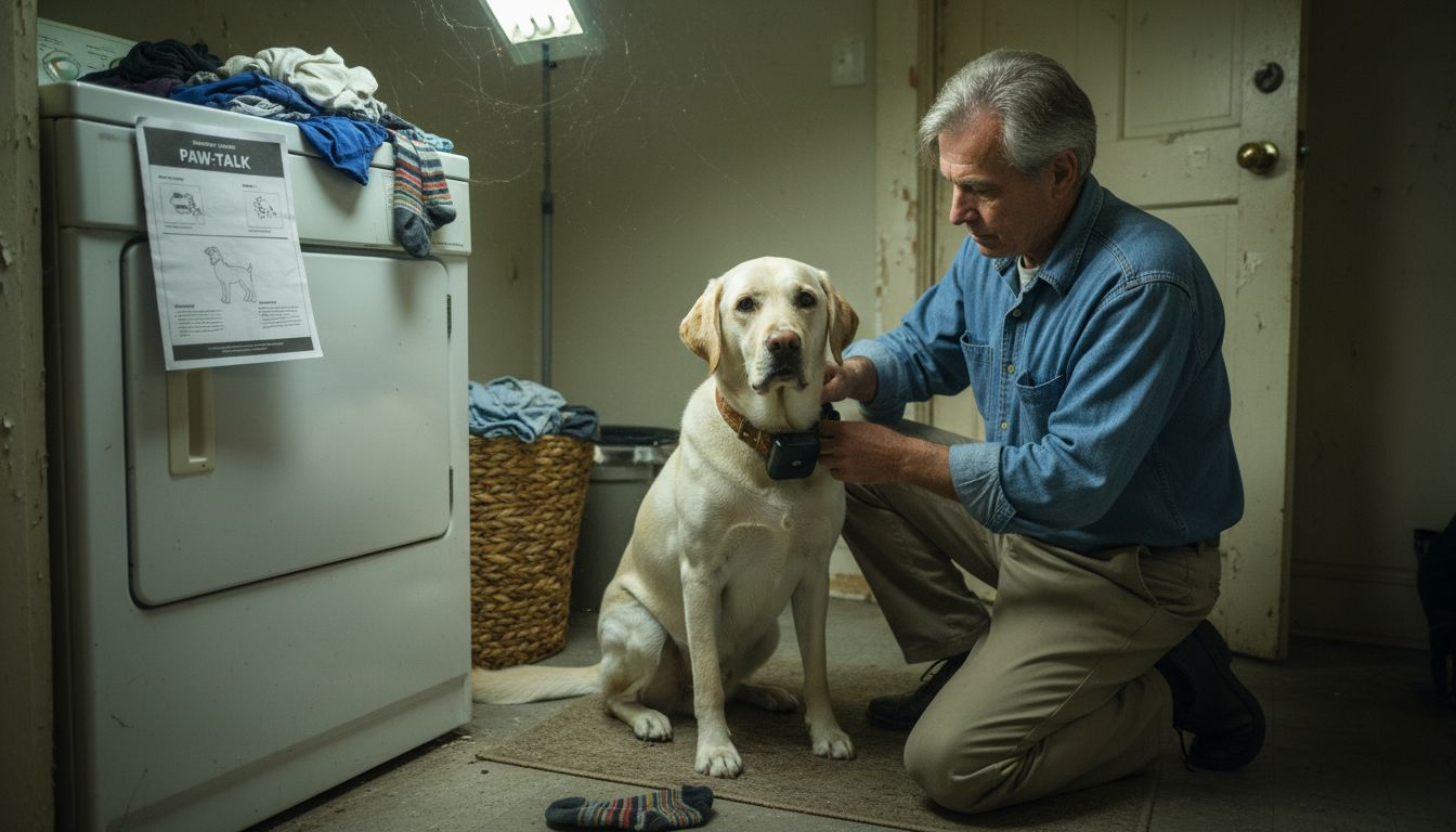 Man installing safety device on dog collar