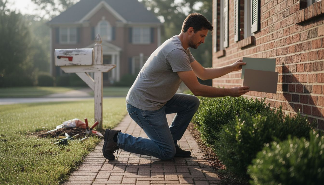 Homeowner testing paint samples outdoors