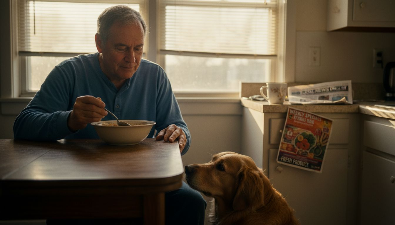 Service dog helping man at kitchen table