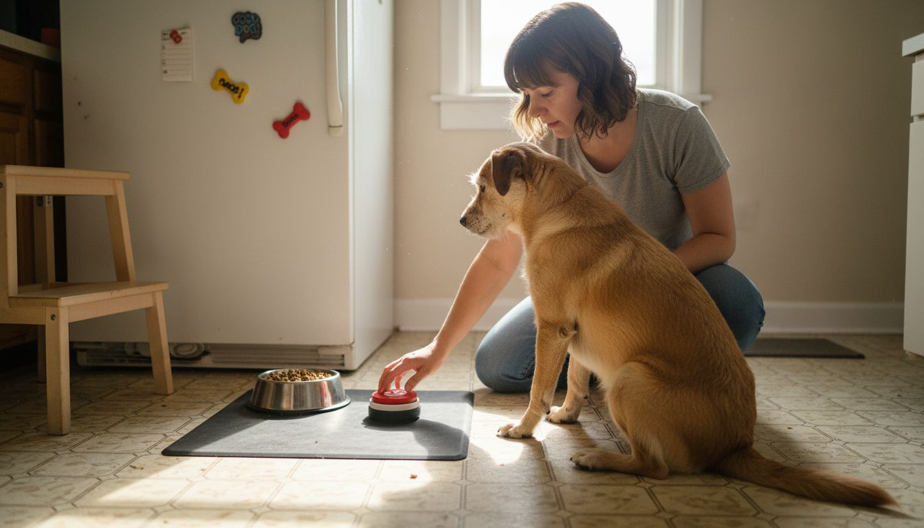 Owner guiding dog paw to button