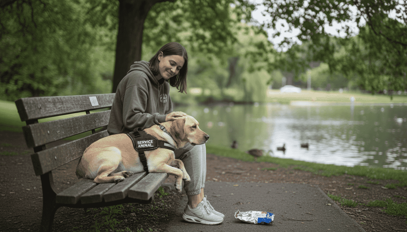 Service animal providing comfort in park