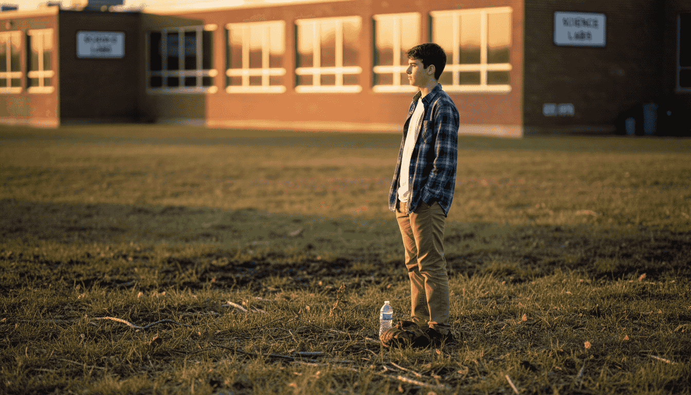 Senior posing in sunlight on school field