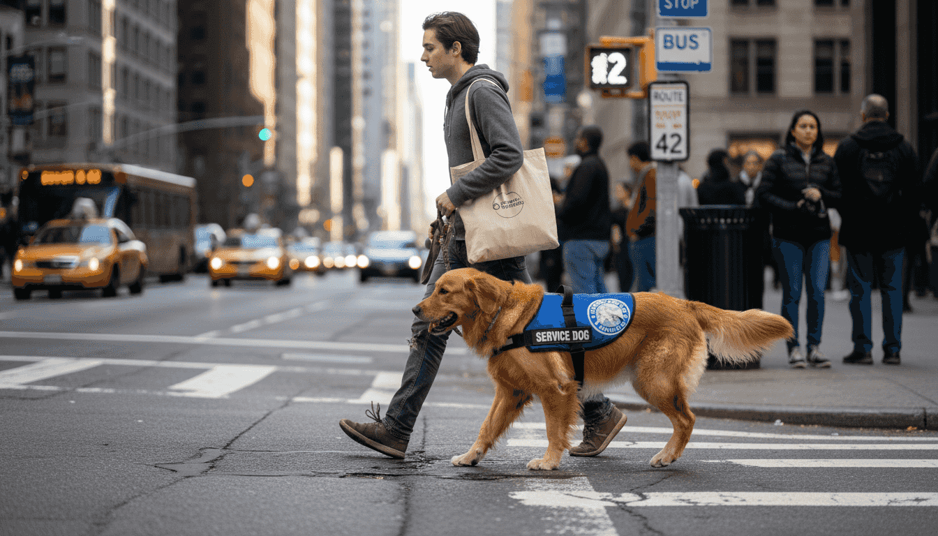 Service dog handler navigating urban crosswalk