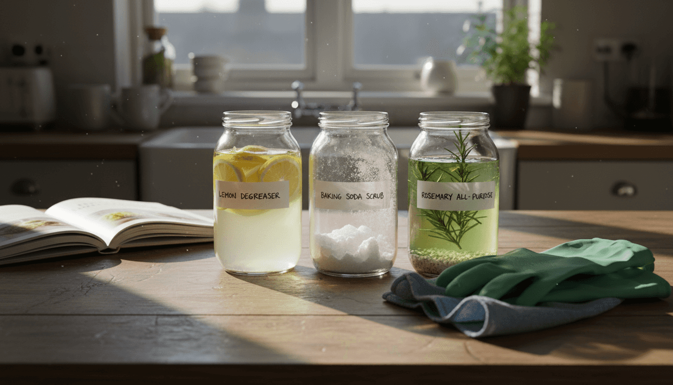 Homemade natural cleaning jars on table