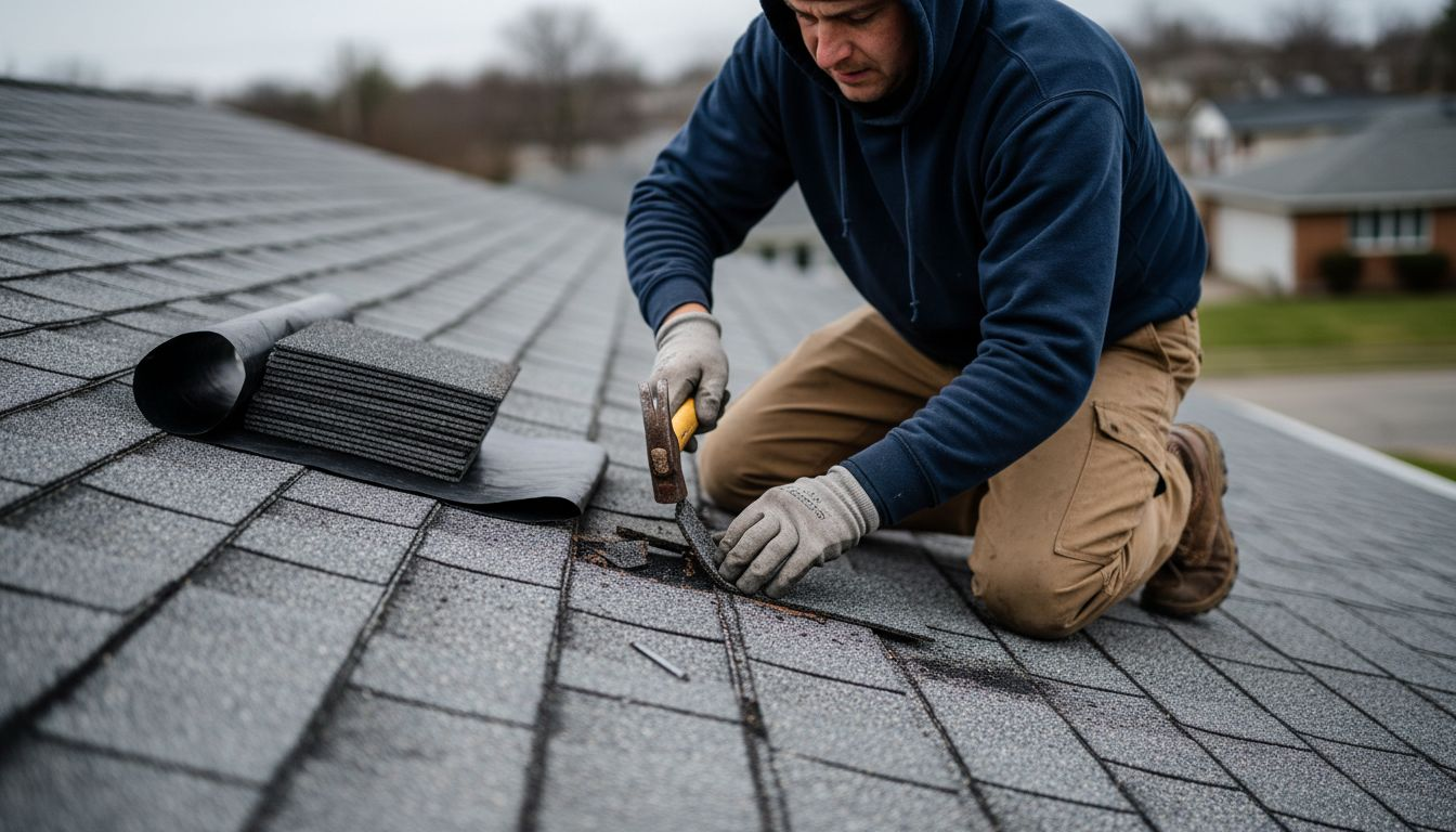 Roofer replacing storm-damaged shingles on roof
