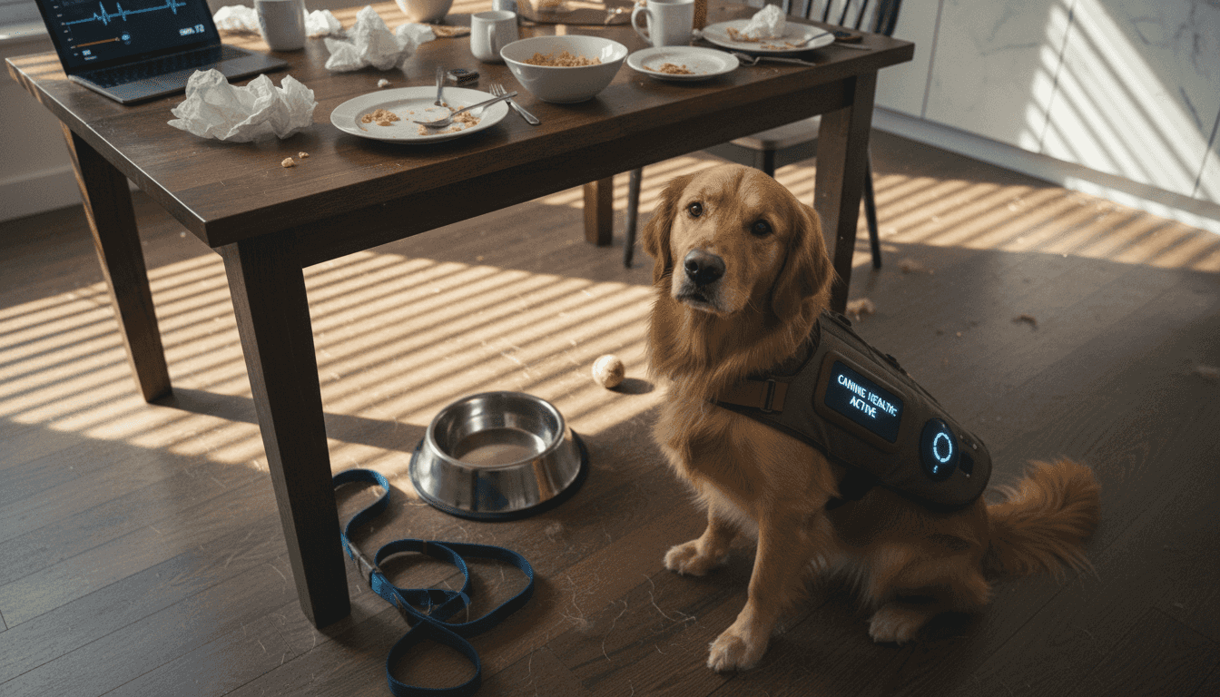Service dog wearing vest with health monitor