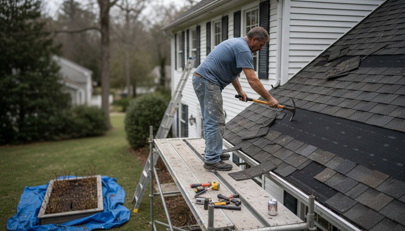 Contractor working on home’s siding and roof
