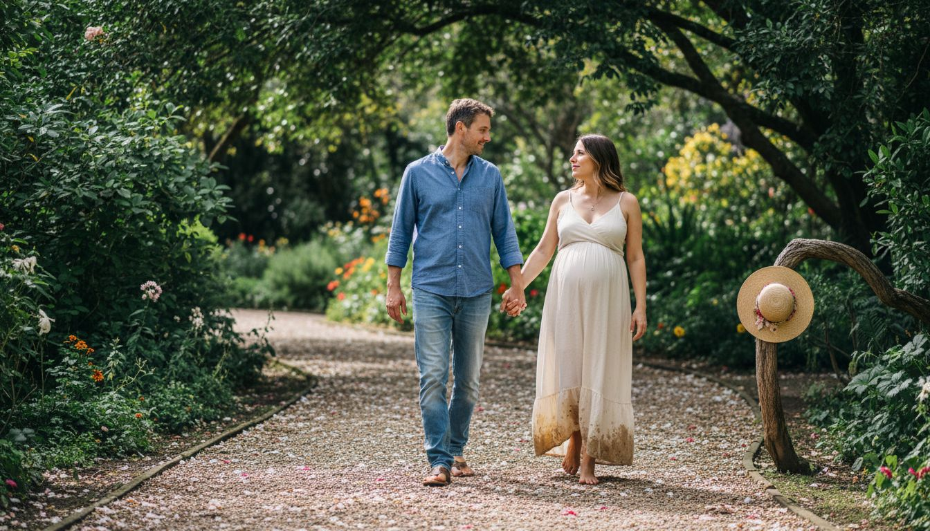 Maternity couple walking in garden path