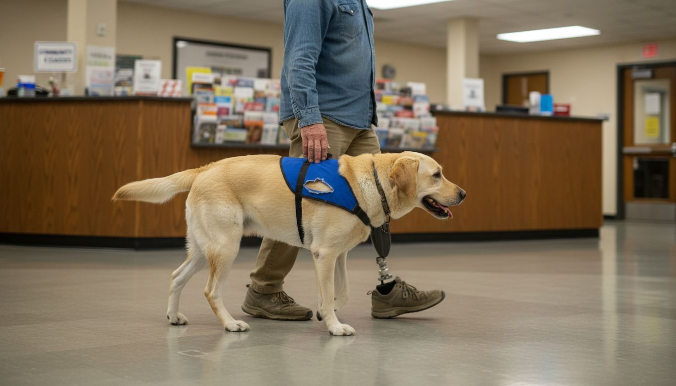Service dog aiding mobility in public space