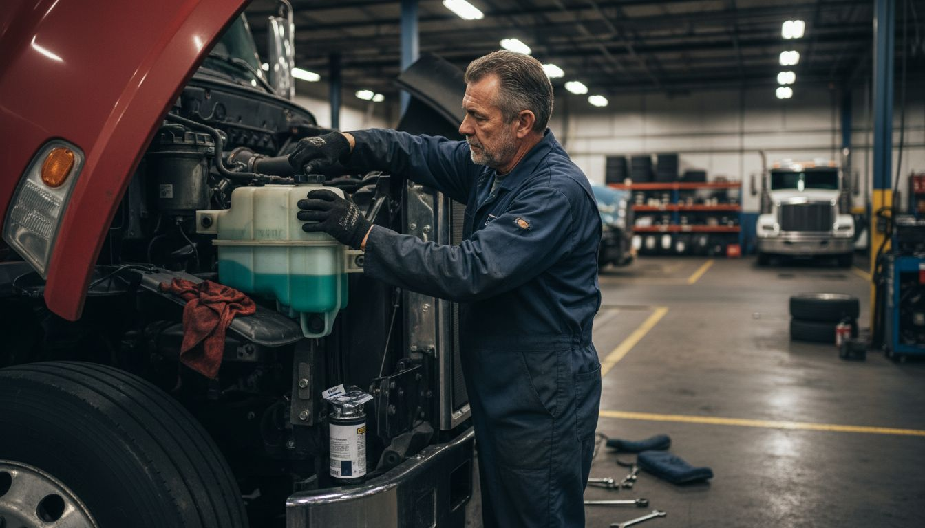 Mechanic working on truck fluids and filters