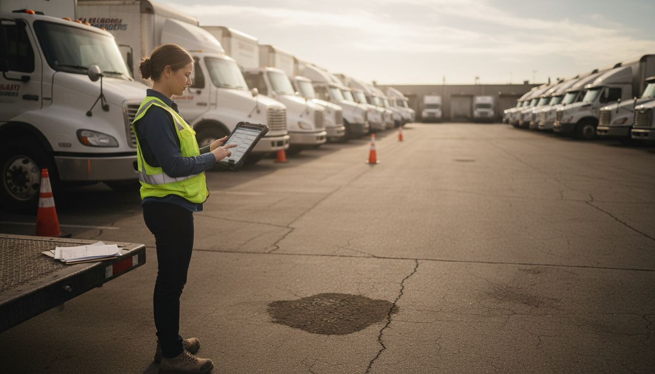 Supervisor checks tablet by parked trucks