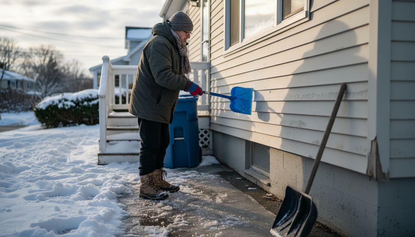 Homeowner removing snow from vinyl siding in winter