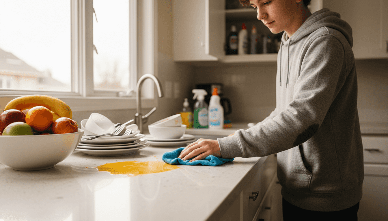 Teenager using microfiber cloth in kitchen