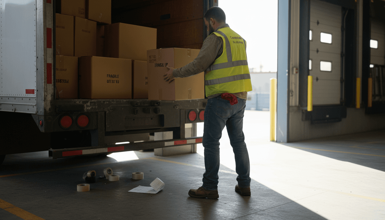 Driver loading cargo into dry freight van