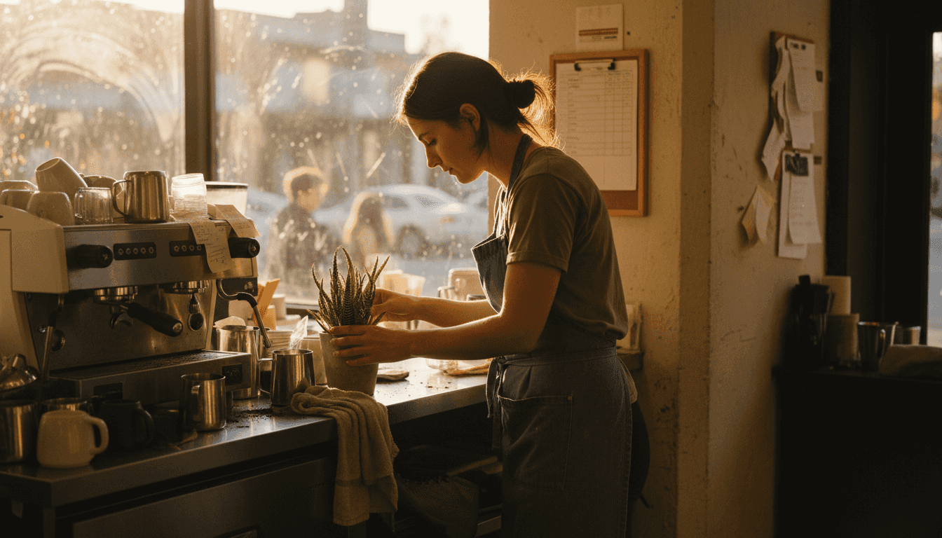 Café owner staging authentic work moment