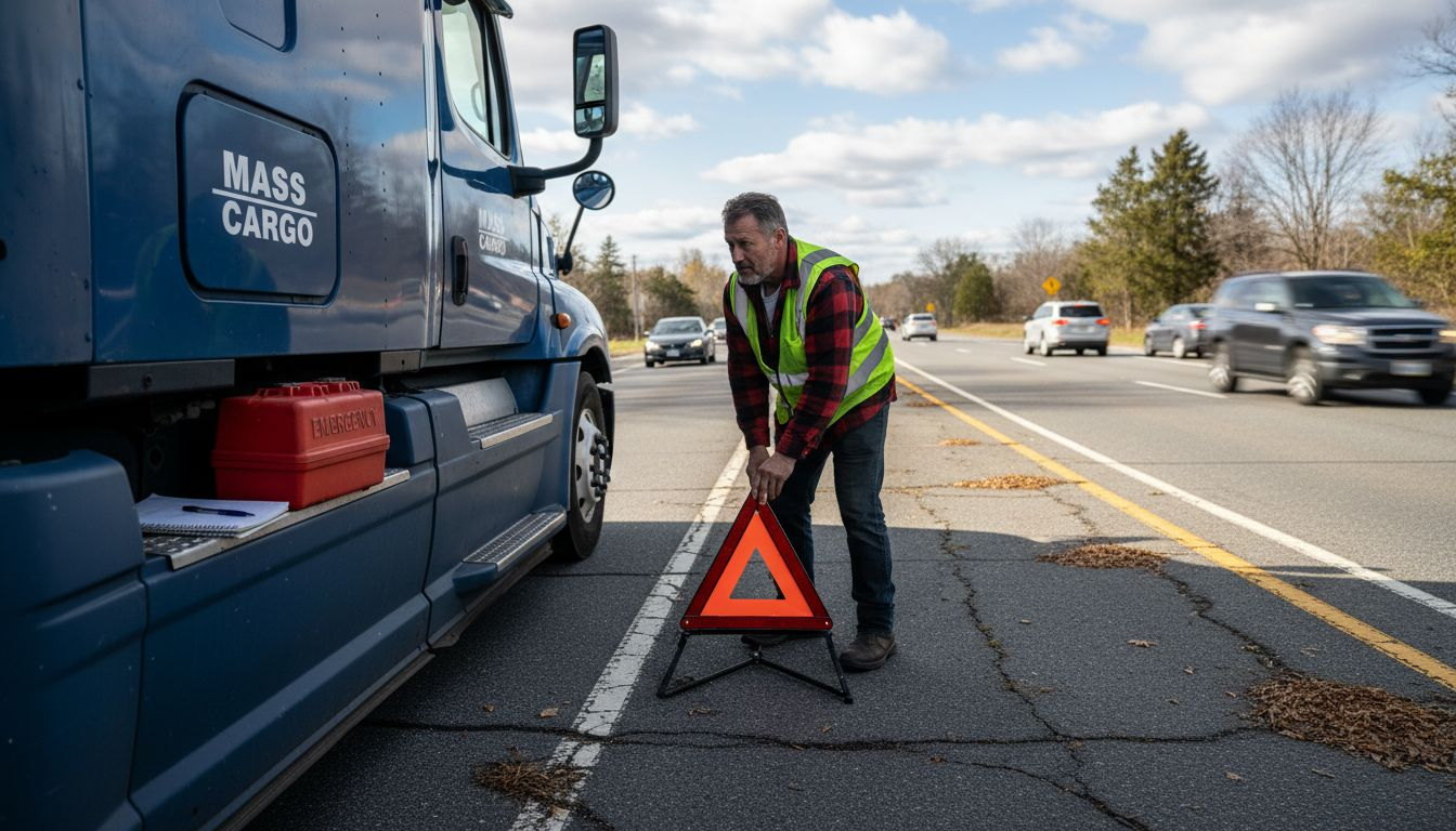 Truck driver sets safety warning triangle roadside
