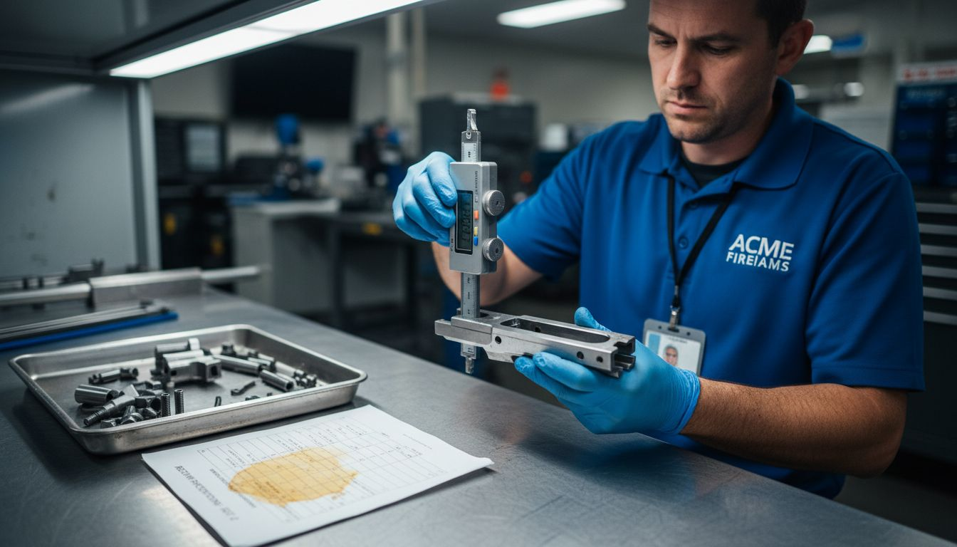 Technician measuring firearm receiver for tolerance