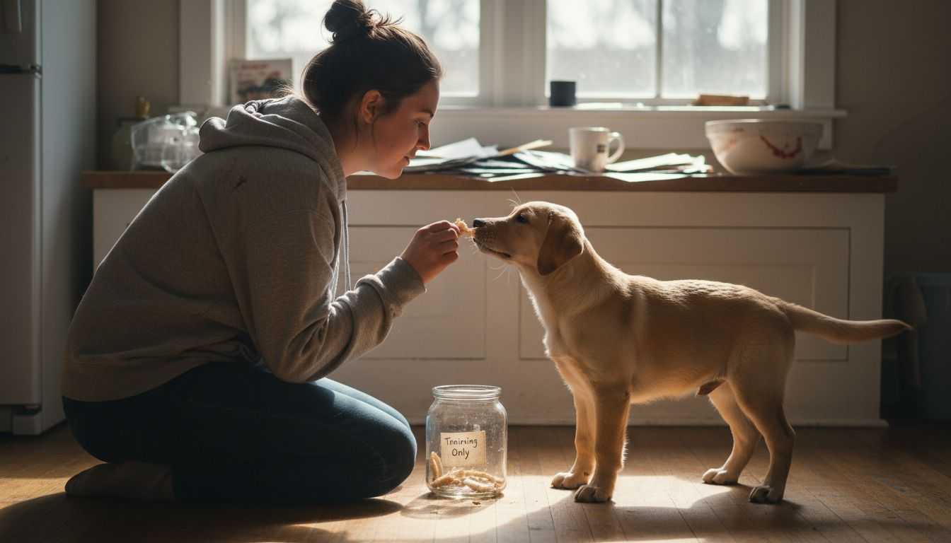 Woman training puppy with positive reinforcement
