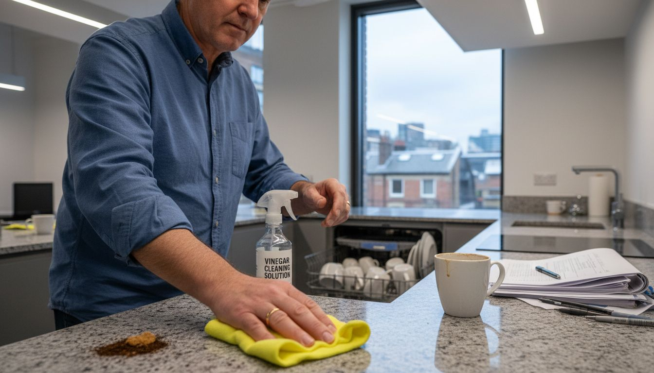 Man wiping office kitchenette countertop