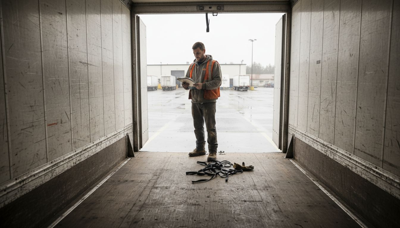 Interior of dry van trailer with worker