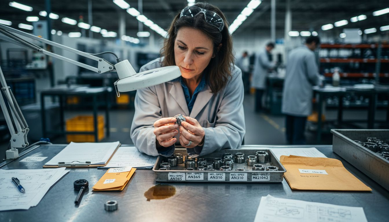 Inspector checks castle nut materials on QA table