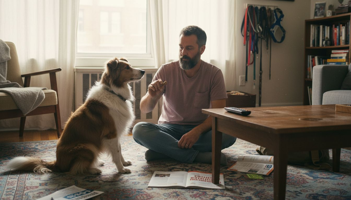 Owner using treat in rescue dog training