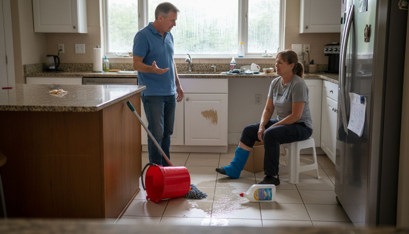 Homeowner talking to injured cleaning worker