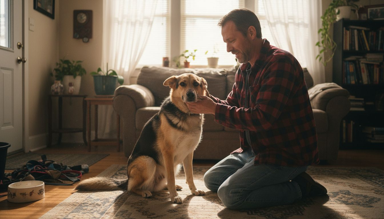 Man gently calming anxious rescue dog