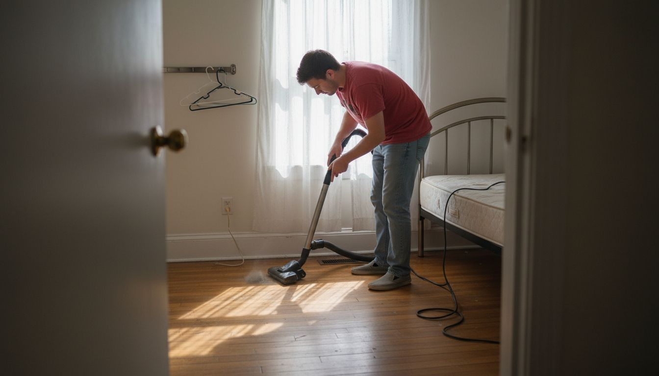 Man vacuuming bedroom during move-out cleaning