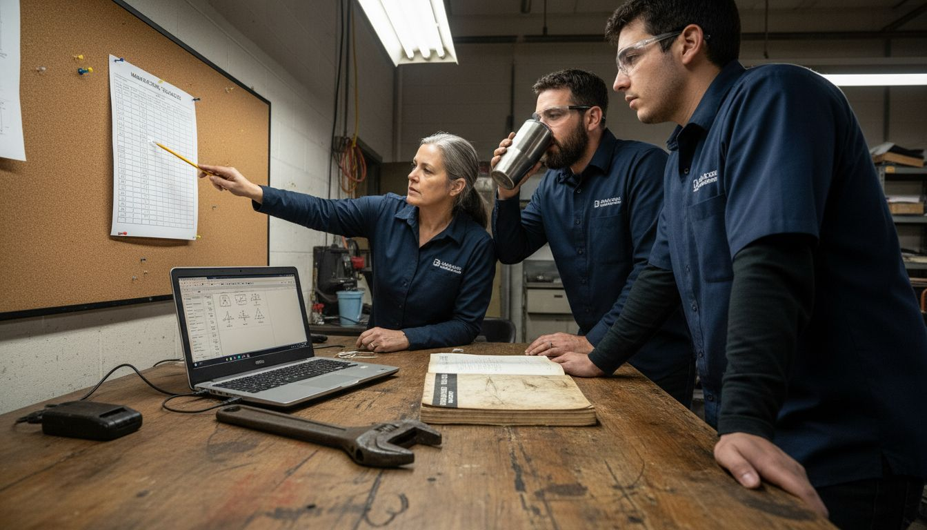 Technicians discussing machining standards together