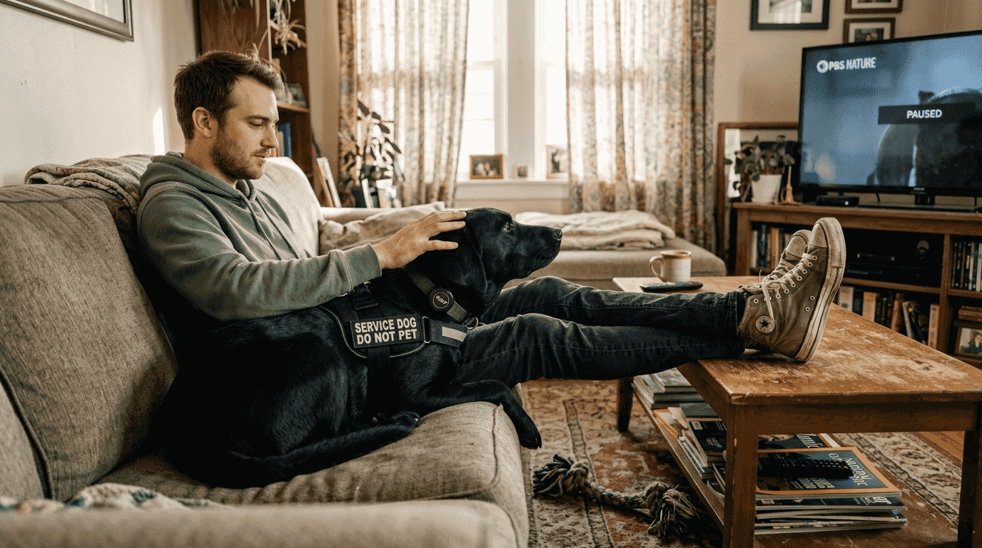 Handler relaxing with service dog and alert device