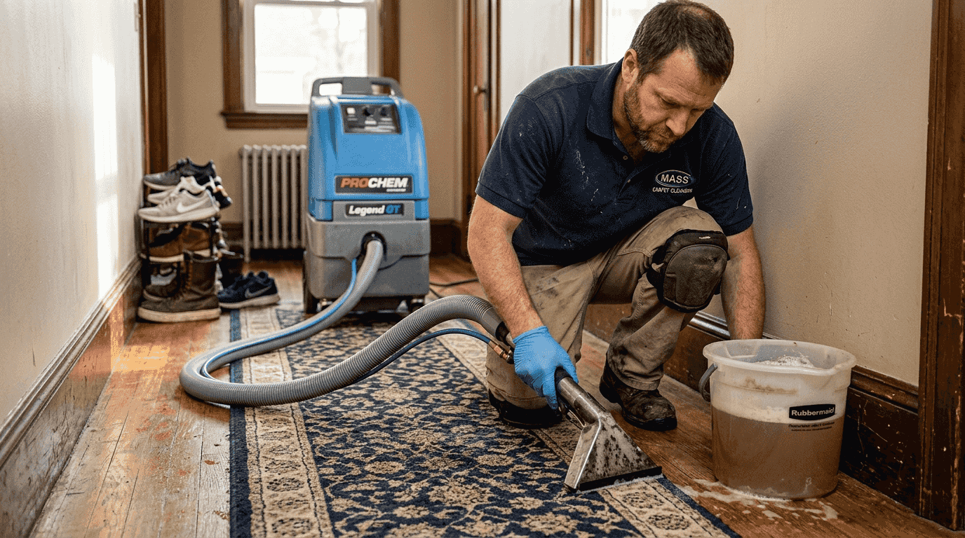 Technician extracting dirt from hallway carpet