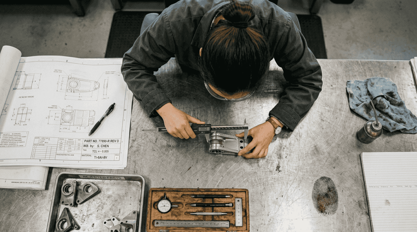 Inspector measuring titanium aerospace parts