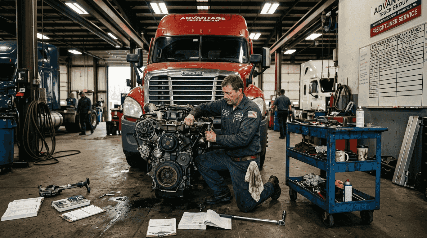 Freightliner technician servicing truck engine