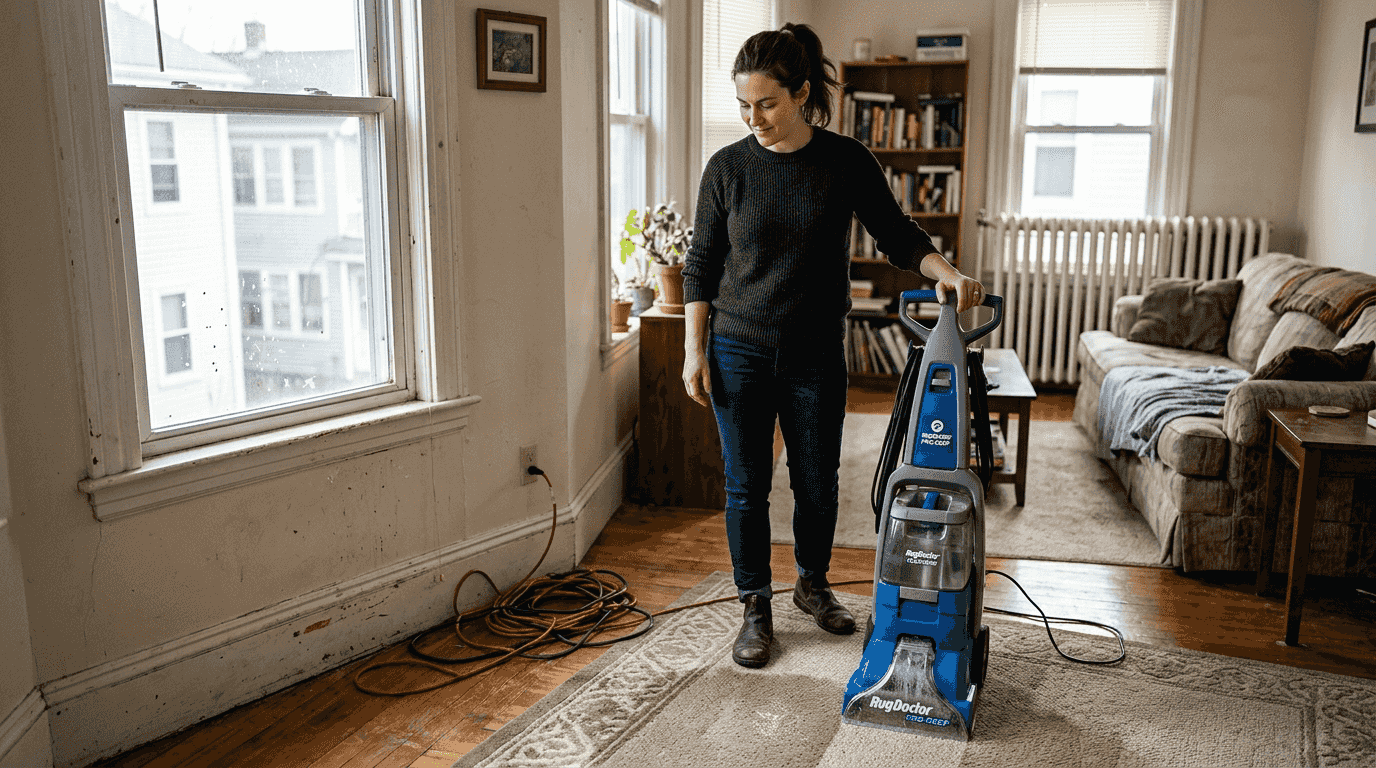 Cleaner using professional machine on carpet