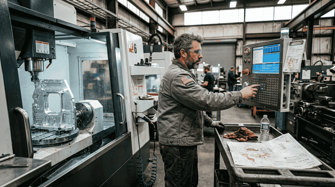 CNC machinist adjusts aerospace component process