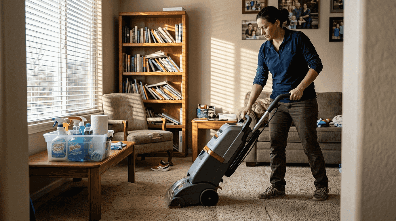 Woman using commercial vacuum in living room