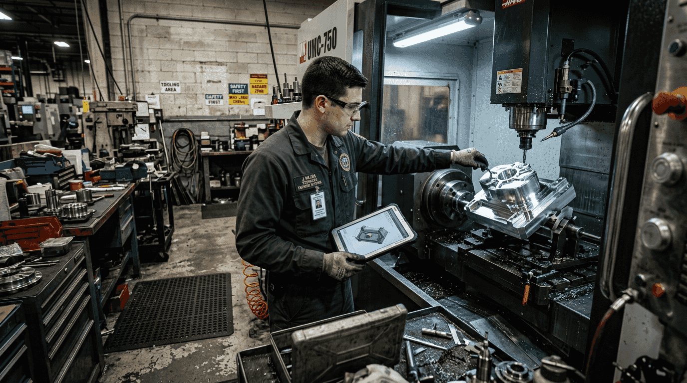 Technician adjusting five-axis machining setup