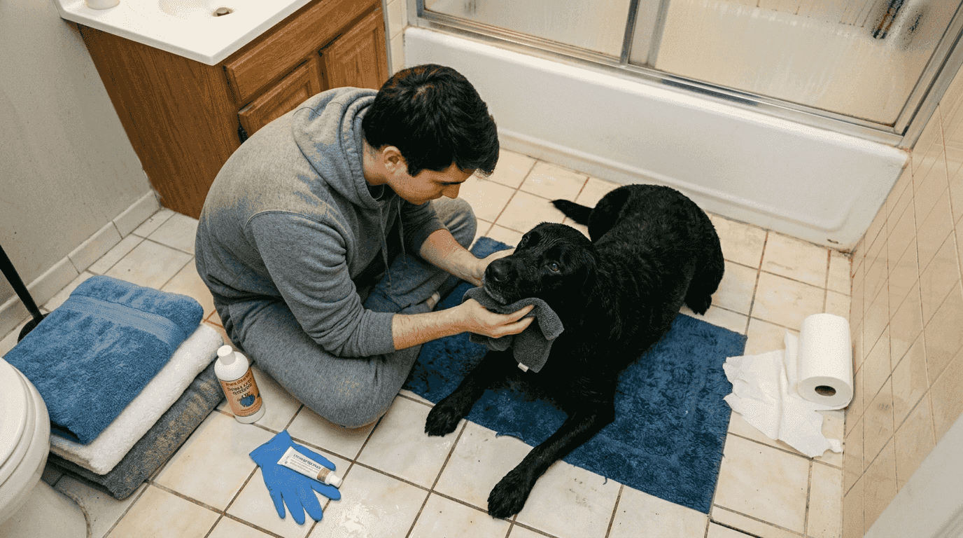 Owner cares for hygiene of disabled dog