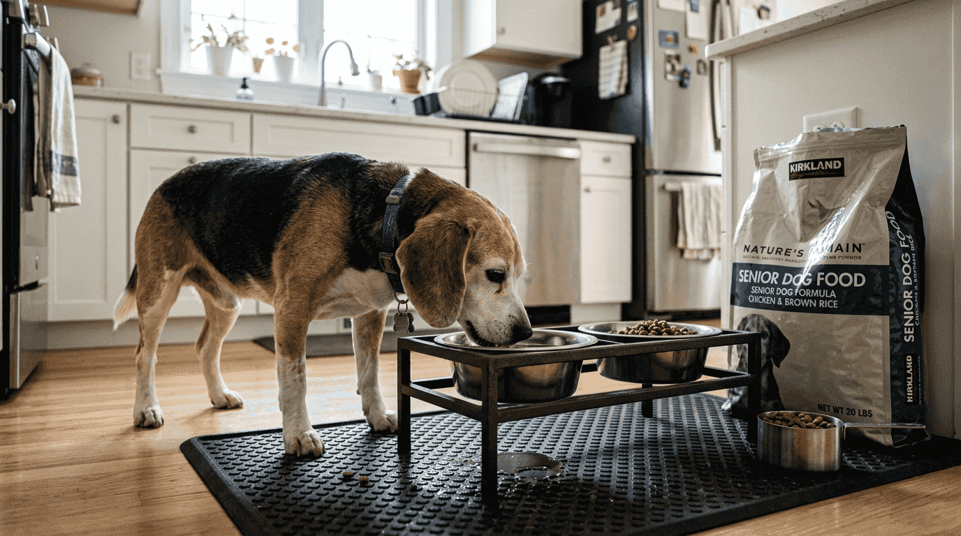 Senior beagle eating specialized dog food