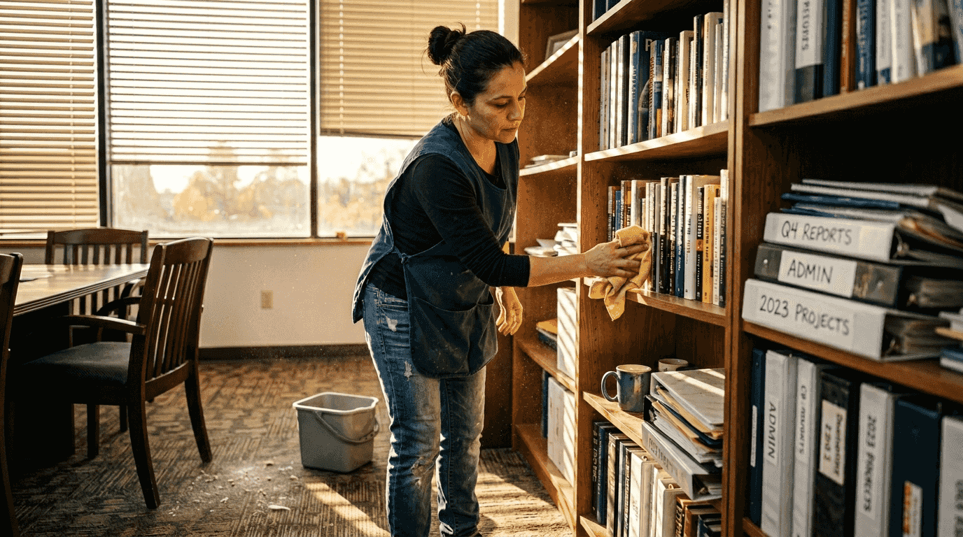 Woman dusting bookcase in conference room