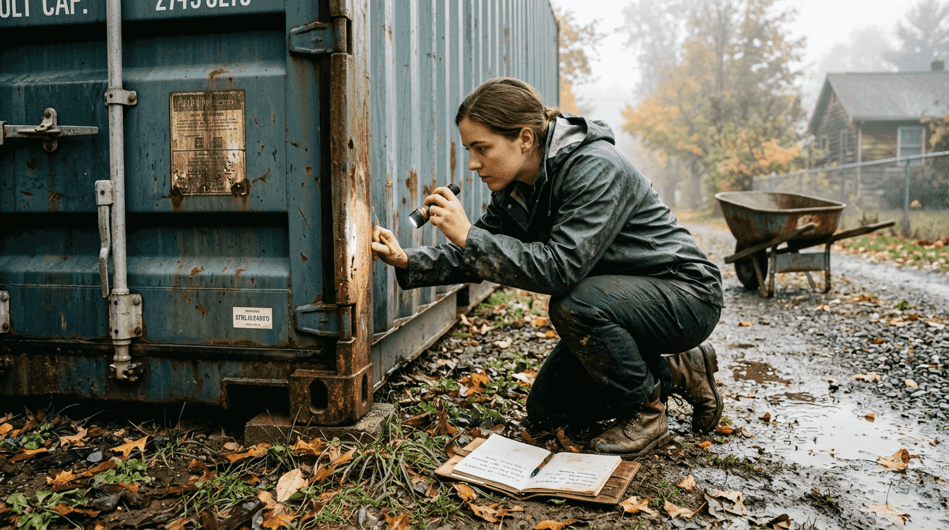 Woman inspecting shipping container for defects
