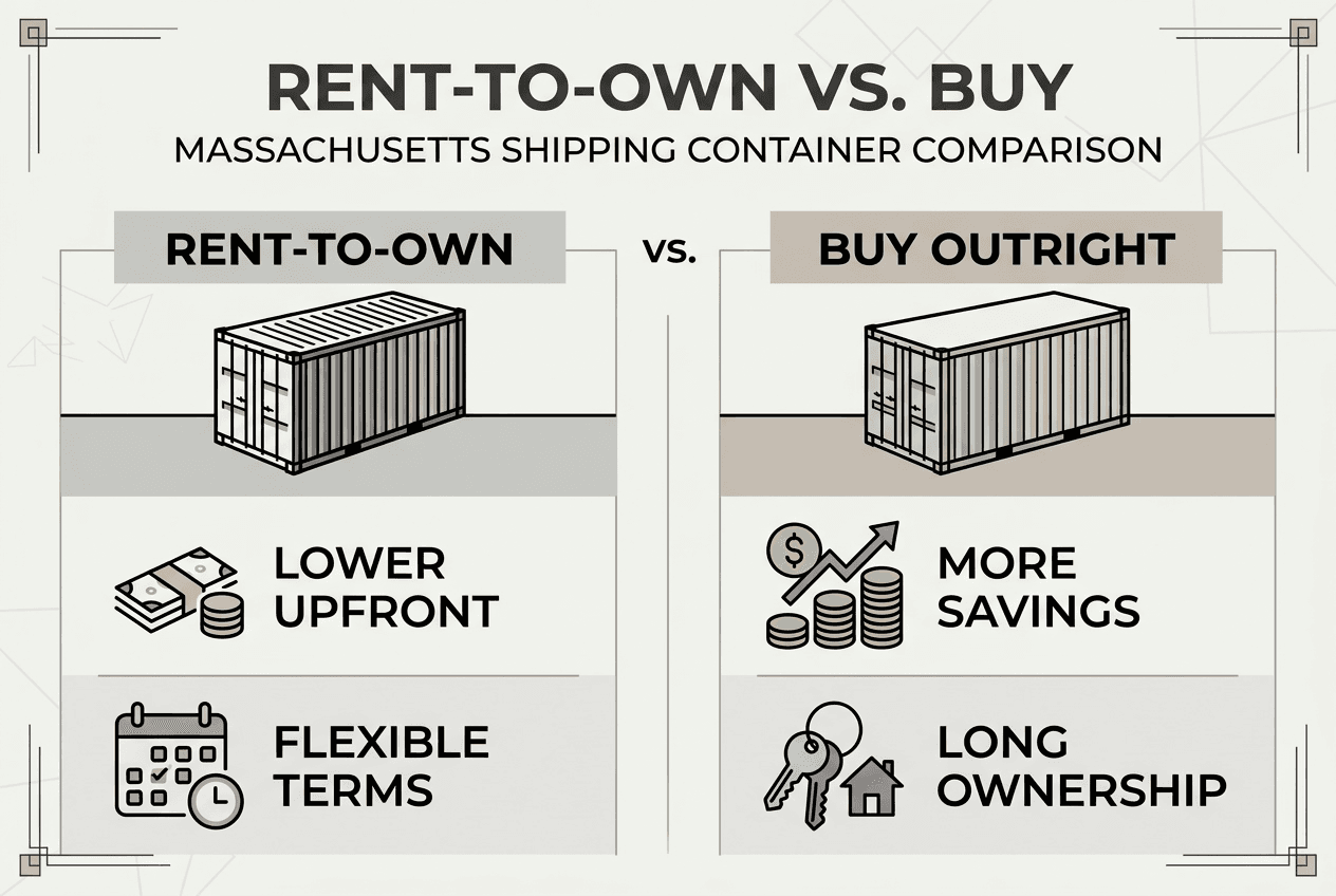 Infographic comparing rent-to-own and buying shipping containers