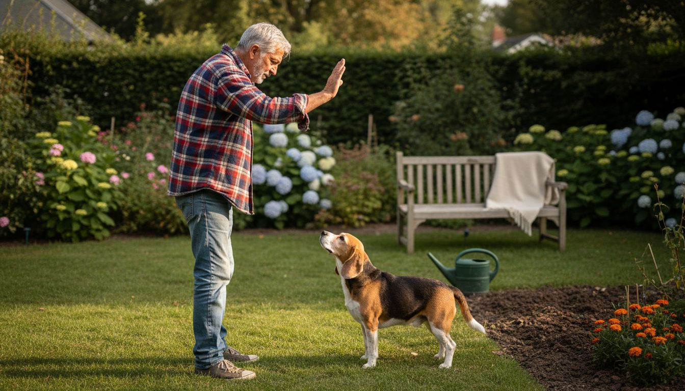 Elderly man demonstrating hand signal to beagle