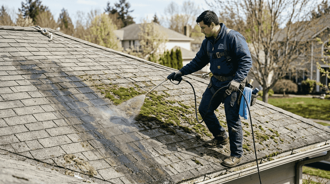 Professional using soft-wash cleaning on roof