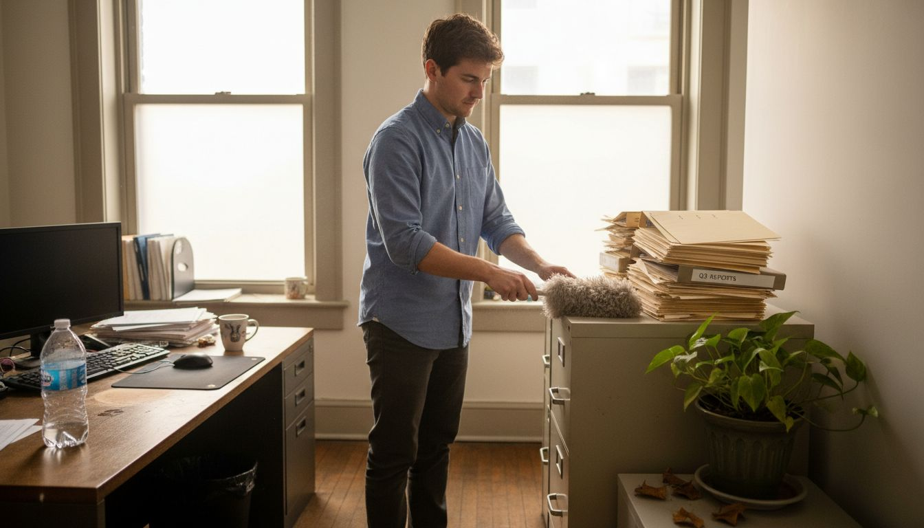 Office manager dusting filing cabinet
