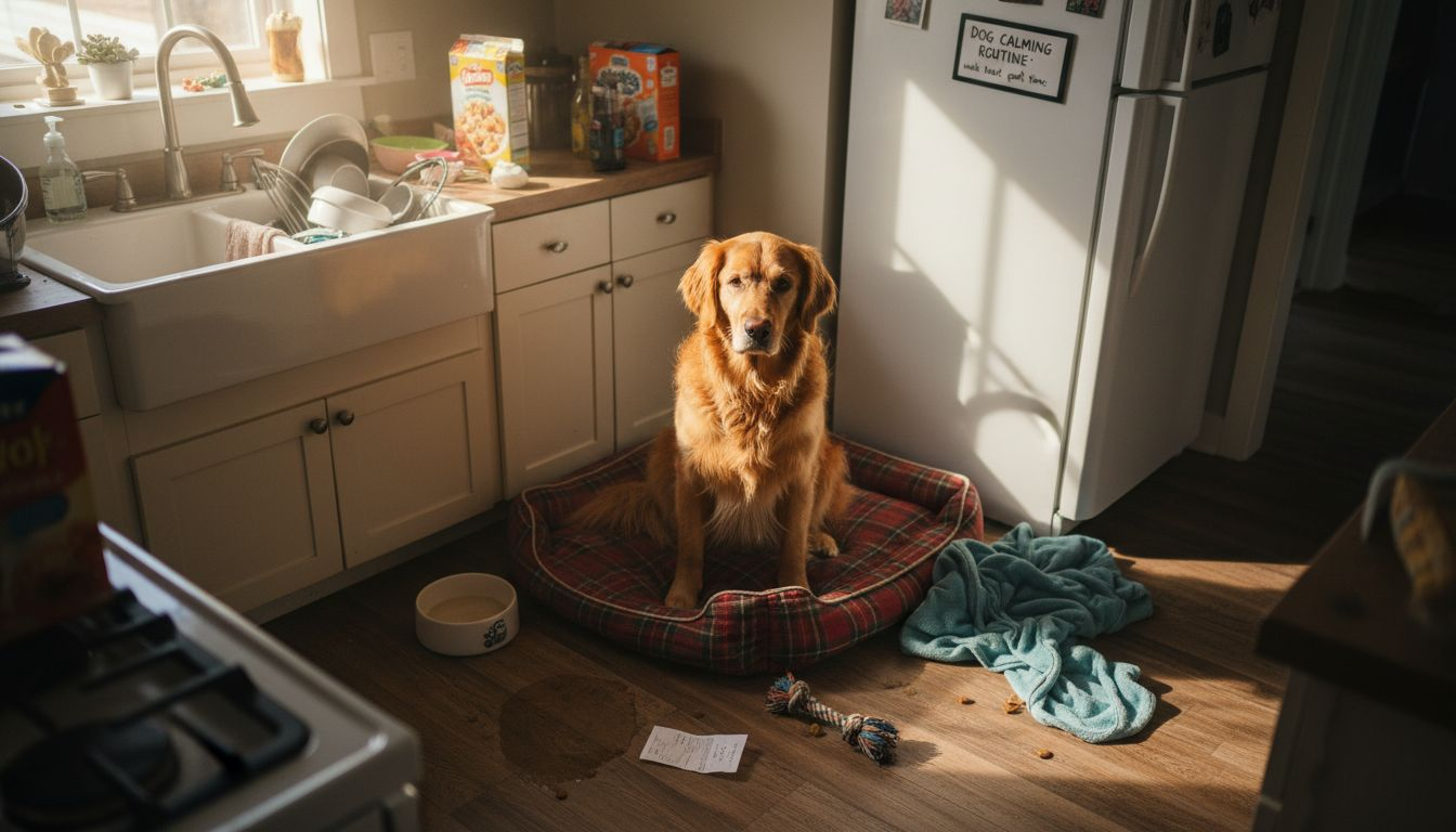 Dog in designated calm kitchen corner