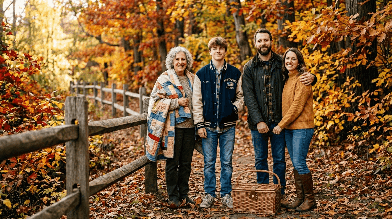Multigenerational family posing by fall foliage