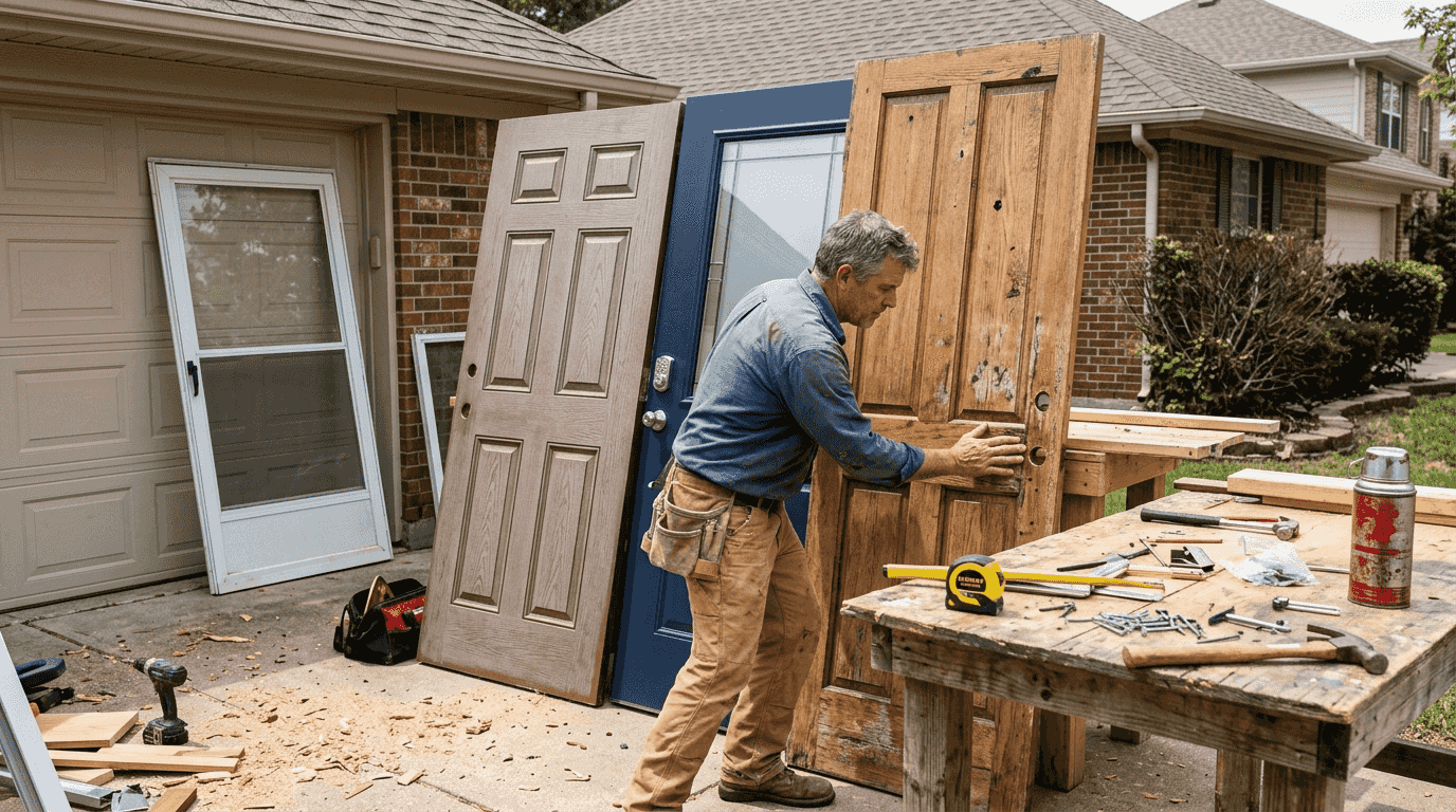 Carpenter comparing fiberglass, steel, and wood doors